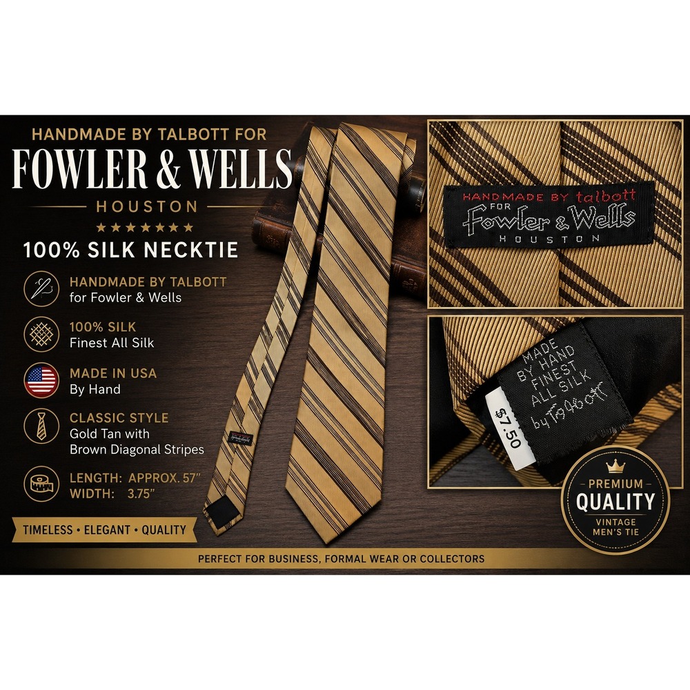 Talbott for Fowler & Wells Houston Silk Necktie Gold‎ Brown Striped Vintage USA